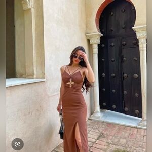 Zara Size S Brown Linen Blend Strappy Midi Dress